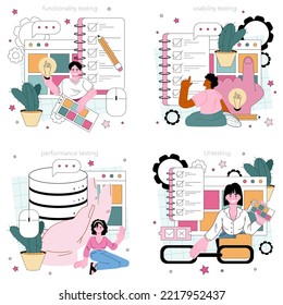 Website testing concept set. Code testing and debugging. IT specialist searching for bugs. Web technology development. Flat vector illustration