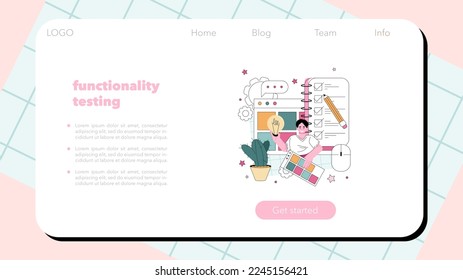 Website testing web banner or landing page. Code testing and debugging. IT specialist searching for bugs. Web technology development. Flat vector illustration