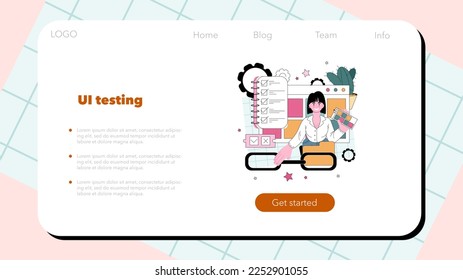 Website testing web banner or landing page. Code testing and debugging. IT specialist searching for bugs. Web technology development. Flat vector illustration