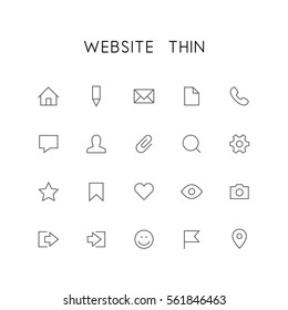 Website thin icon set - home, pencil, document, phone, chat, mail, man, search, gear, star, bookmark, heart, eye, photo and others simple vector symbols. Internet and social network signs.