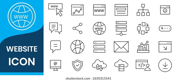 Conjunto de ícones de linha fina do site. Símbolo do site. Contendo web design, internet, conteúdo, SEO, hospedagem, servidor, homepage e ícone de e-commerce. Coleção de ícones do Solid. Ilustração vetorial.
