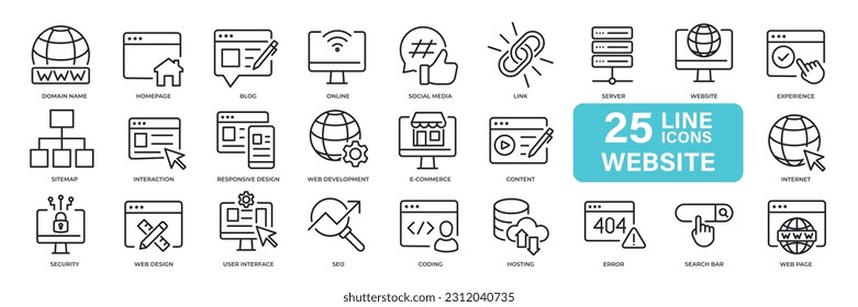 Iconos de línea delgada del sitio web. Para diseño de marketing de sitios web, logotipo, aplicación, plantilla, ui, etc. Ilustración vectorial.