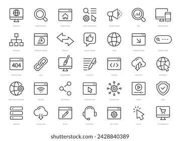 Conjunto de iconos de línea fina del sitio web. Símbolo del sitio web. Web, Buscar, icono Páginas de inicio. Vector