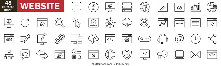 Website thin line icons set. Website symbol. Web, Search, Homepages icon. Vector illustration icons on white background editable stroke icons, Media, web, contact, commerce, communication, device 