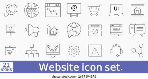 Conjunto de iconos de línea delgada de Sitio web. Símbolo de Sitio web. Web, Búsqueda, ícono de páginas de inicio.