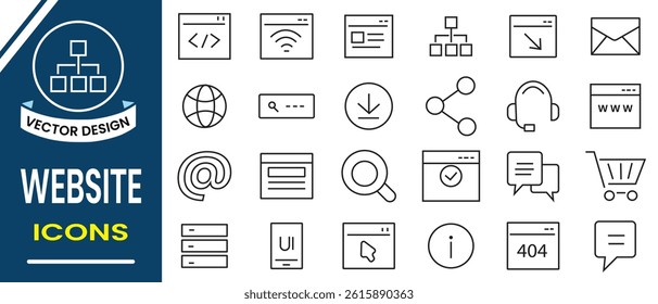 Website thin line icons vector set. Website sign and symbol design. Web design icon, homepage, mail symbol, Media, web, contact, commerce, communication, device icon. Vector illustration.
