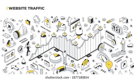 Website Traffic Concept. Traffic Growth Is Shown In The Chart. Digital Marketing Metrics Statistics Analysis. Isometric Vector Illustration