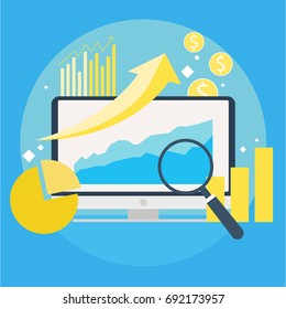 Website traffic growth banner.  Computer with diagrams, growth charts. Magnifying glass. Vector flat illustration