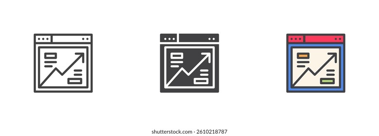 Website Traffic Growth different style icon set. Line, glyph and filled outline colorful version, outline and filled vector sign. Web browser window with upward arrow symbol, logo illustration