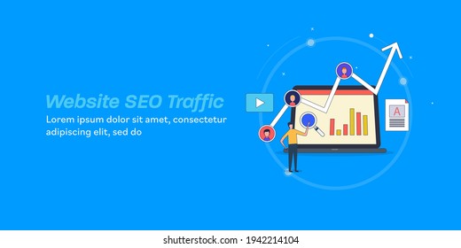 Website traffic increase, website ranking, website analytics, traffic monitoring - conceptual vector banner illustration