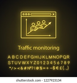 Website traffic neon light icon. Lead generation. SEO monitoring. Web traffic growth. Social media analytics. Glowing sign with alphabet, numbers and symbols. Vector isolated illustration