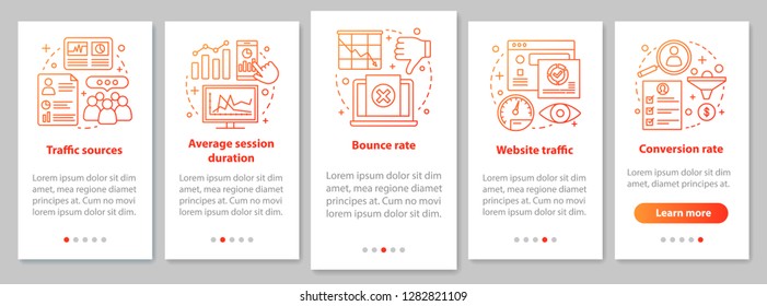 Website traffic onboarding mobile app page screen with linear concepts. Sales conversion rate analytics. SMM metrics walkthrough steps instructions. UX, UI, GUI vector template with illustrations