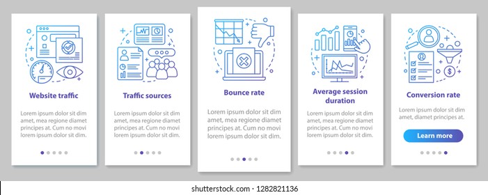 Website traffic onboarding mobile app page screen with linear concepts. Sales conversion rate analytics. SMM metrics walkthrough steps instructions. UX, UI, GUI vector template with illustrations