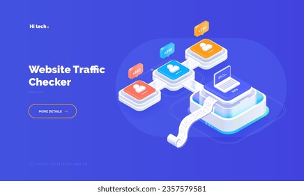 Website traffic statistics. Traffic tracking system. Attracting new users. User Analytics. Isometric vector illustration 3d style on blue backgroun