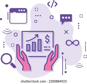 website traffic stats vector icon design, Cloud computing and Internet hosting services Symbol, Human Hand Holding Analytical Report Concept, Control panel icon set stock illustration