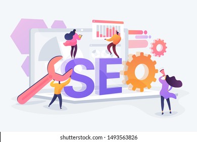 Website traffic, web page visibility. Marketers team creating digital advertising characters. Search engines, online marketing, seo tools concept. Vector isolated concept creative illustration