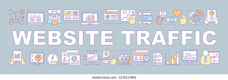 Website traffic word concepts banner. Lead generation. SEO, SMM monitoring. Presentation, website. Audience growth rate. Isolated lettering typography with linear icons. Vector outline illustration