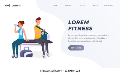 Website with two sports people sit on the bench in the gym flat style vector illustration. Place for text. Landing page