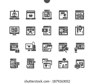 Website types. Landing page. Web service. Personal project. Online catalog. Web design and coding. Vector Solid Icons. Simple Pictogram