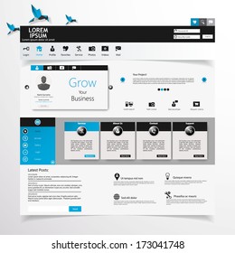 Website  UI  Elements Gray And Blue, Navigation Bar, Buttons, Slider, Message Box,  Menu, Login, Menu, Profile, Comment box,