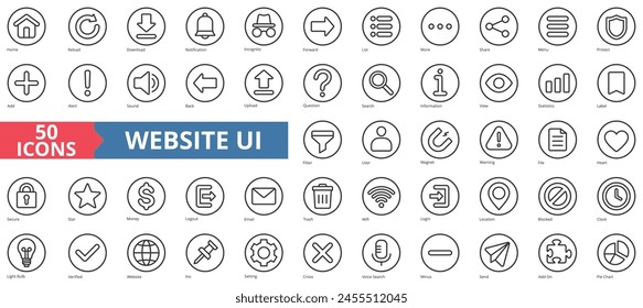 Website UI icon collection set. Containing home, reload, download, notification, incognito, forward, list icon. Simple line vector.