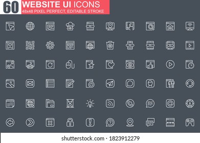 Website UI thin line icon set. User menu and interface navigation outline pictograms for web and mobile app. Management and messaging simple. Grid 48x48 pixel perfect linear vector icons pack.