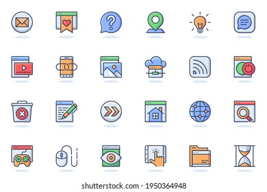 Website UI web flat line icon. Bundle outline pictogram of development, site content, buttons, seo optimization, programming process concept. Vector illustration of icons pack for website design