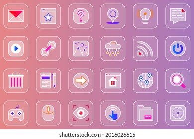 Website UI web glassmorphic icons set. Pack outline pictograms of email, question mark, location, video, image, wifi, homepage, global search, interface navigation and other. Vector line glass symbols