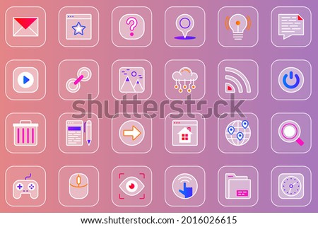 Website UI web glassmorphic icons set. Pack outline pictograms of email, question mark, location, video, image, wifi, homepage, global search, interface navigation and other. Vector line glass symbols