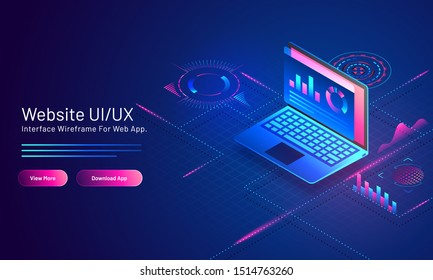 Website UI/UX concept based isometric landing page design with analysis data in laptop on blue digital background.