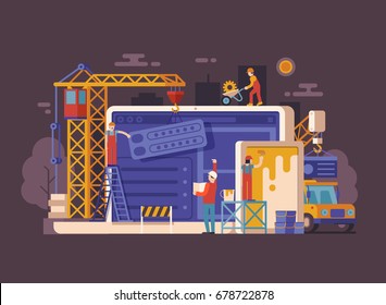 Website under construction concept background in flat design. Maintenance page or 404 error vector illustration with house building site, builders, civil engineer, crane and laptop. Web banner.