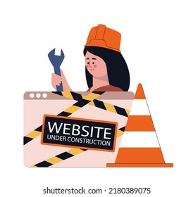 Website under construction concept. Character fixing the site. Colorful flat vector illustration