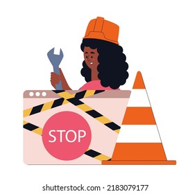 Website under construction concept. Character fixing the site. Colorful flat vector illustration