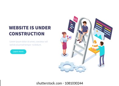 Website under construction concept with characters.  Flat isometric vector illustration isolated on white background.