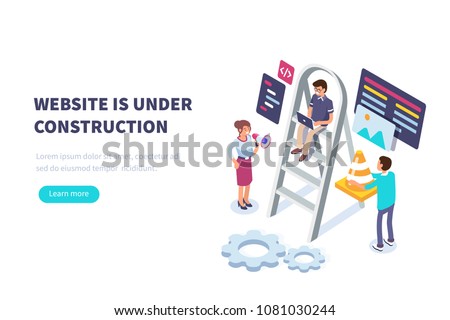 Website under construction concept with characters.  Flat isometric vector illustration isolated on white background.