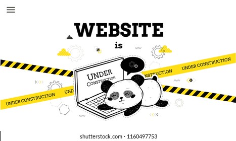 Website is under construction.  Design concept of maintenance page or 404 error. Vector template with panda bear and laptop. Design for websites. 