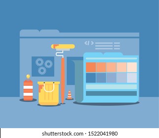 website under construction with desktop computer vector illustration