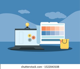 website under construction with desktop computer vector illustration