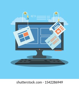 website under construction with desktop computer vector illustration