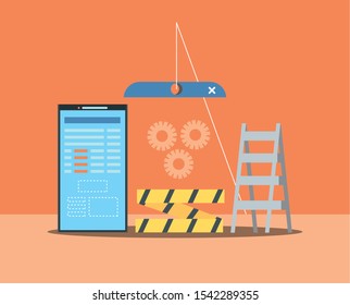 website under construction with desktop computer vector illustration