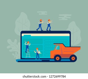 Website under construction and development concept background. 404 error or maintenance page with house building site, builders, crane and  construction equipment. Vector illustration