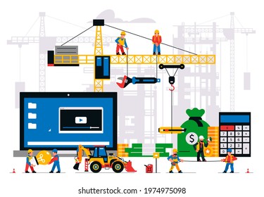 The website is under construction. Error page, maintenance. Construction site, machinery, crane, workers, computer, website, coins, money bag, calculator lamp tools Isolated vector illustration
