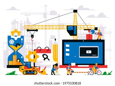 The website is under construction. Error page, maintenance. Construction site, machinery, crane, workers, computer, website, calendar, hourglass, gears, tools. Isolated vector illustration.