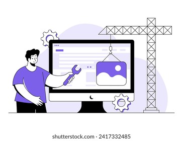 website, under construction flat illustration vector concept for landing page, ui, web, mobile app,, System maintenance, Developer building website, Website development, Developer fixing website 