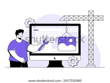 website, under construction flat illustration vector concept for landing page, ui, web, mobile app,, System maintenance, Developer building website, Website development, Developer fixing website 