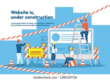 The website is under construction. A group of people building a site. Developer site, fixes that you can use for the landing page, template, user interface, web, mobile app, poster, banner, flyer.