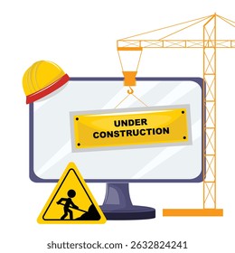 Website under construction illustration with crane, monitor, hard hat, and caution sign, vector, white background