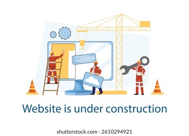 Website under construction illustration with workers building digital interface, crane, and maintenance elements - Powered by Shutterstock - Get 15% off with code: PIKWIZARD15