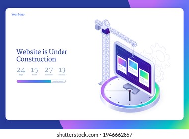 Website under construction isometric landing page. Internet software maintenance with countdown, webpage update, repair or development. Building crane and pc desktop on huge clock 3d vector web banner