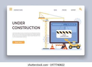 Website under construction. Landing page of developing site with crane, bulldozer barrier. Webpage building work process vector template. Illustration website maintenance, internet page in progress